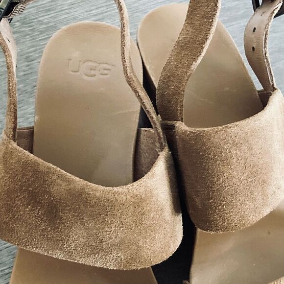 UGG Tan Suede Leather Cork Wedge Sandals 9 - Picture 6 of 8